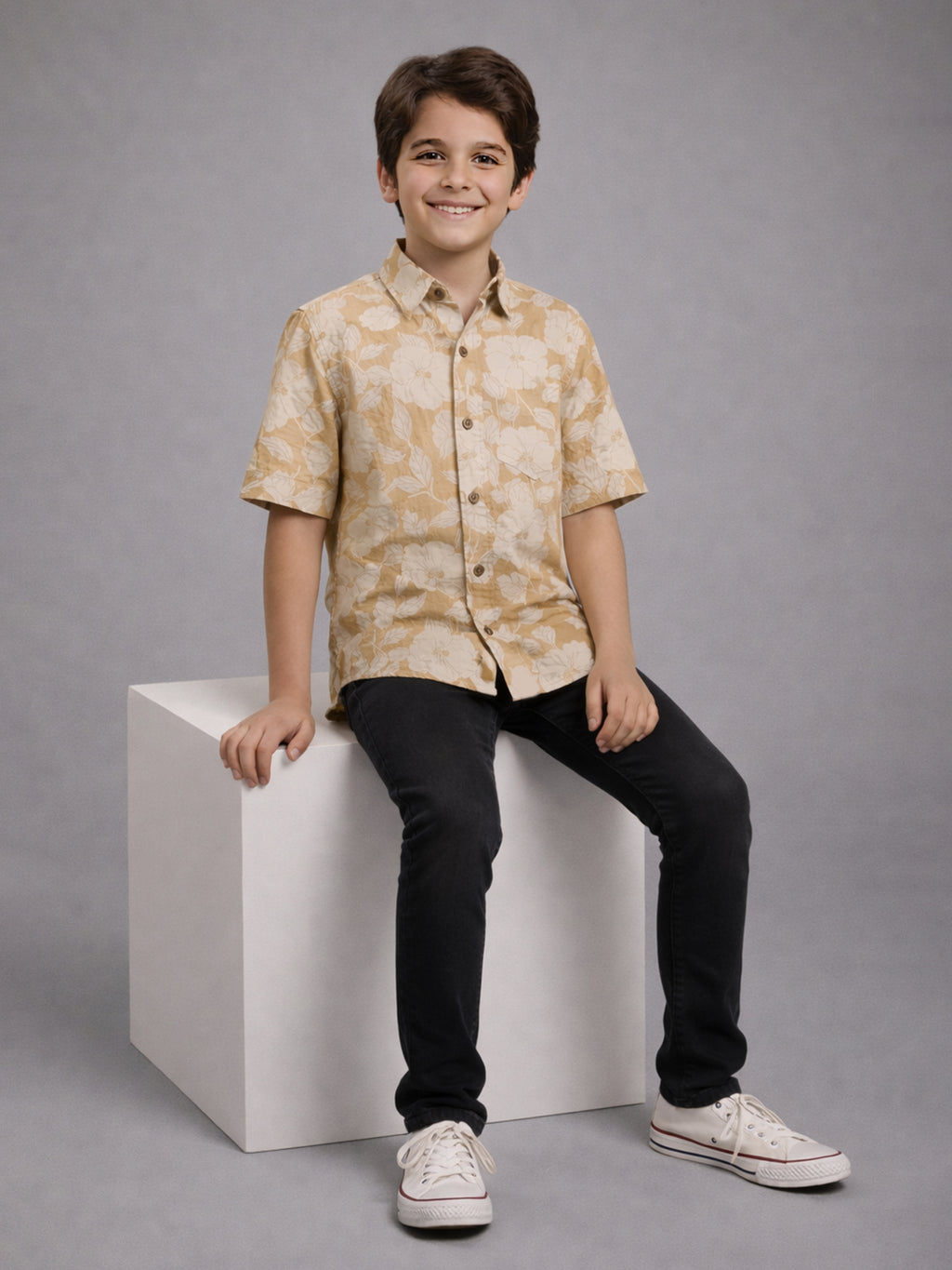 Boys Casual Cotton Floral AOP Print Half Sleeve Regular Fit Shirt Yellow-(BRS-6677-017-0308-1YL)