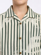 BOYS ALPHABET STRIPED CUBAN COLLAR SHIRT GREEN-(BCUS-7216-011-0308-2GR)