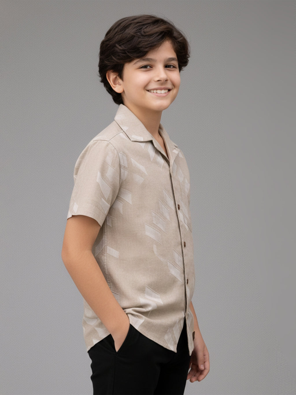 BOYS SATIN SELF PATTERN CUBAN COLLAR SHIRT WHITE-(BCUS-7216-012-0308-4WH)
