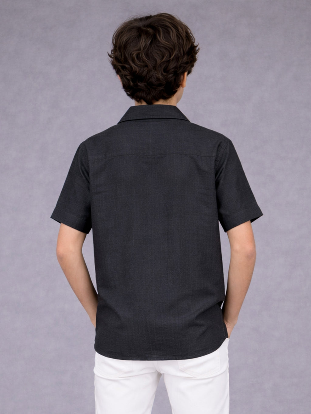 BOYS PREMIUM POLY COTTON EMBROIDERED CUBAN COLLAR SHIRT BLACK-(BCUS-7216-014-0308-2BL)