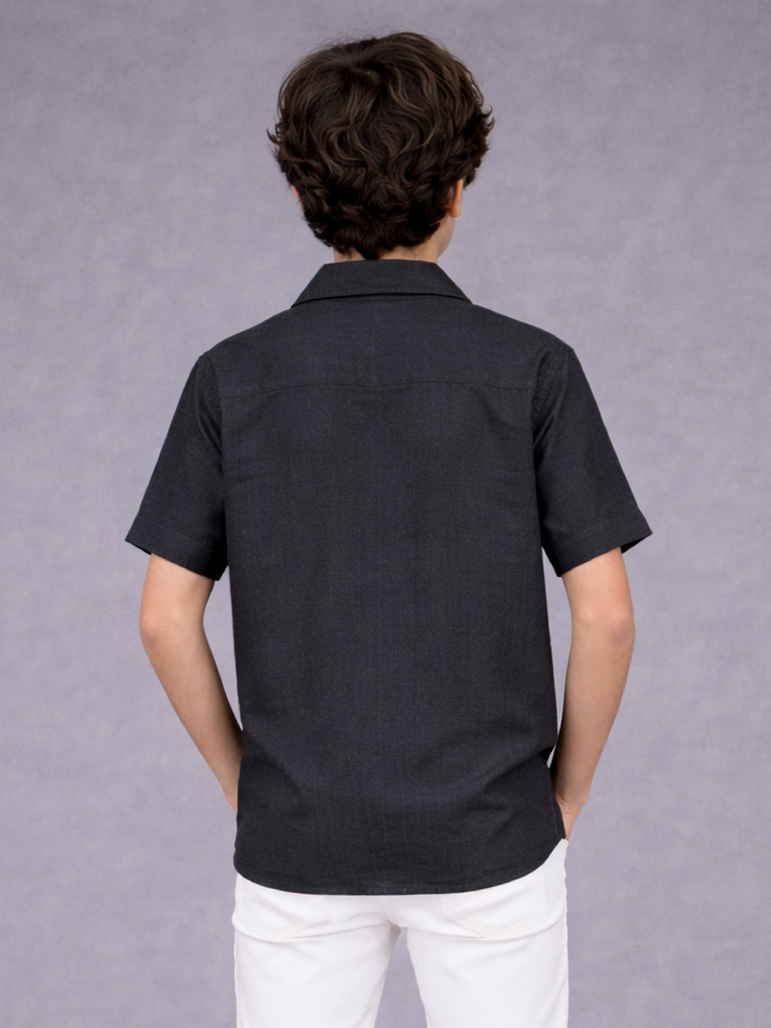 BOYS PREMIUM POLY COTTON EMBROIDERED CUBAN COLLAR SHIRT BLACK-(BCUS-7216-014-0308-2BL)