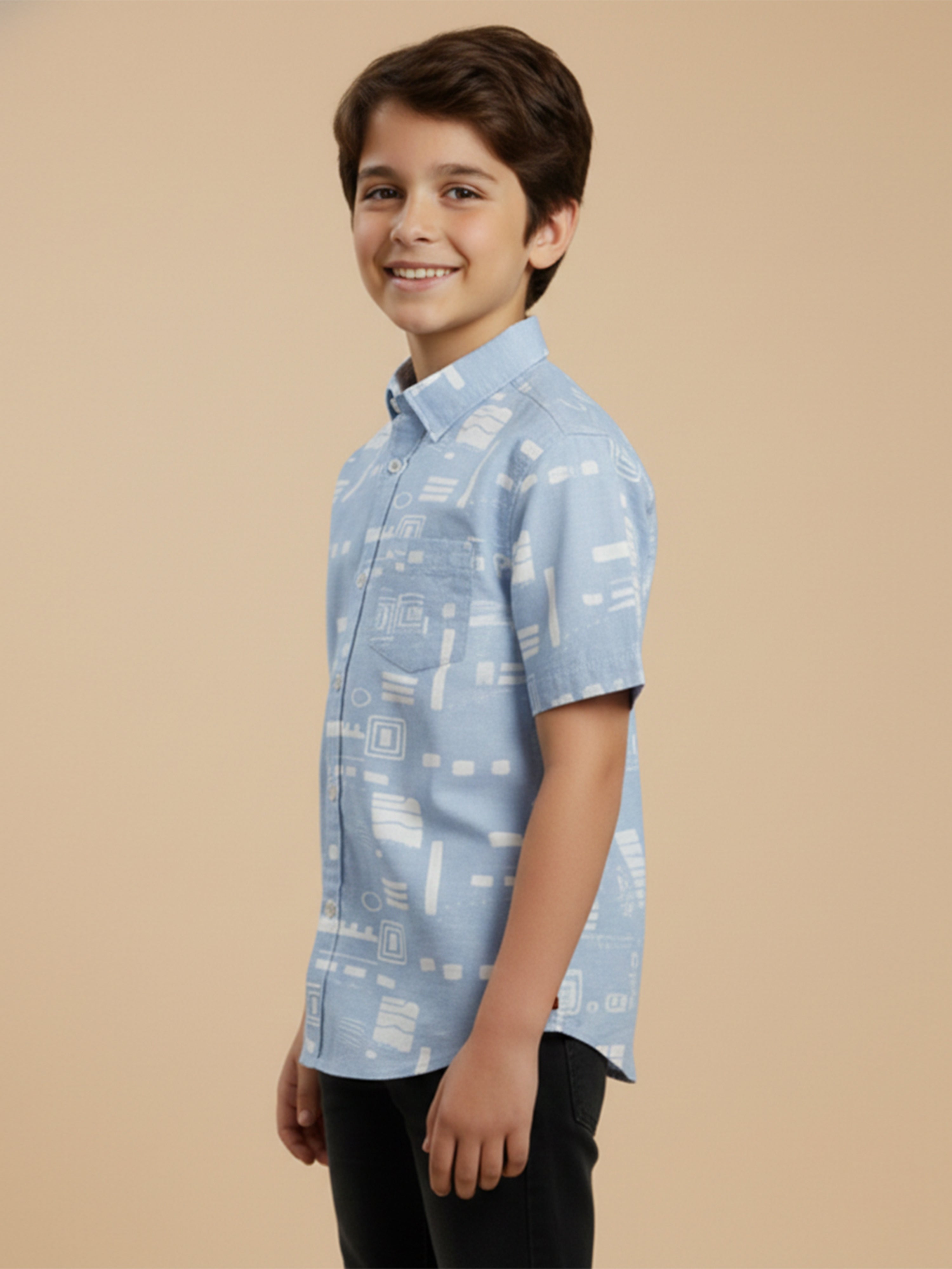 Boys Casual Slub Cotton Abstract Printed Half Sleeve Regular Fit Shirt-(BRS-6677-018-0308-1B)
