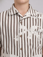 BOYS ALPHABET STRIPED CUBAN COLLAR SHIRT BROWN-(BCUS-7216-011-0308-1BR)