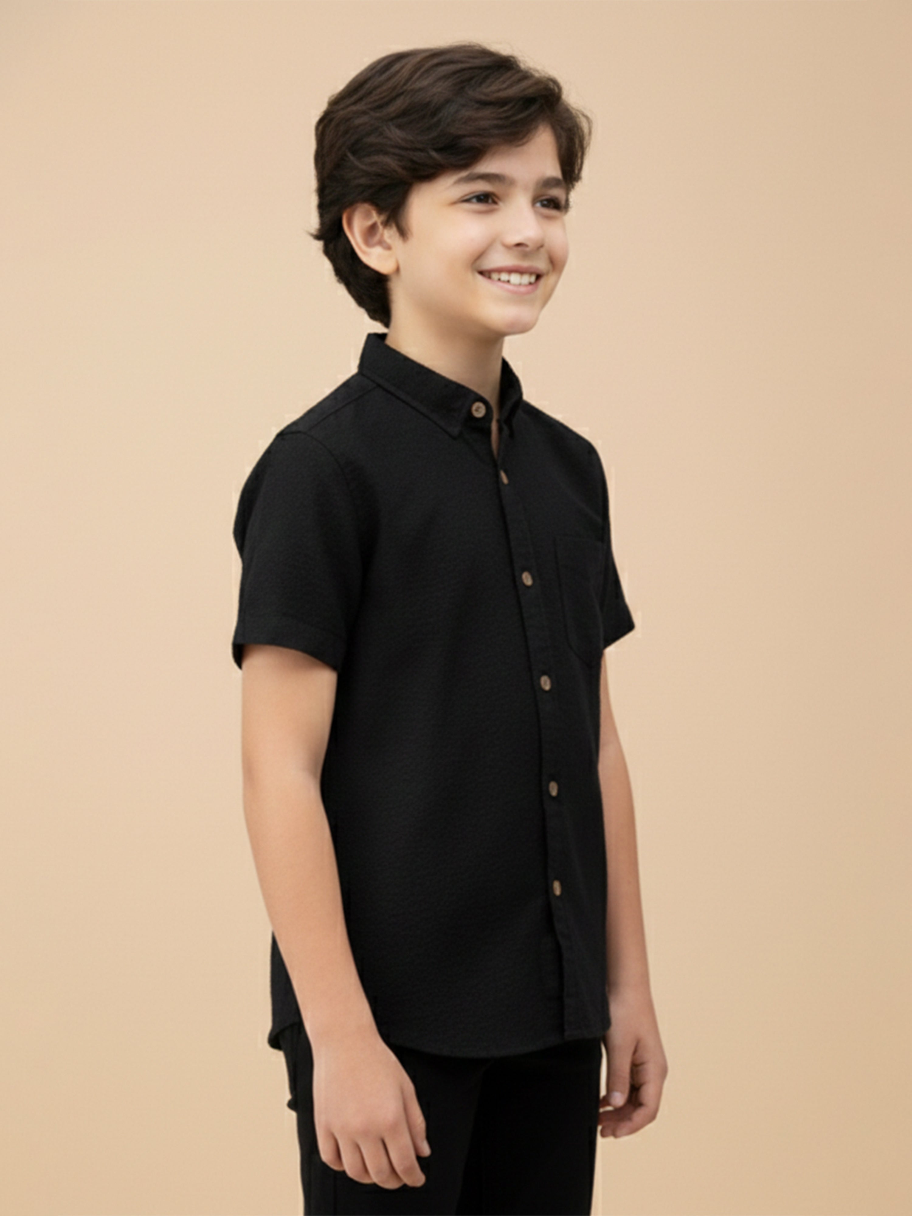 Boys Honeycomb Textured Cotton Casual Shirt Black-(BSC-7342-014-0308-1BL)
