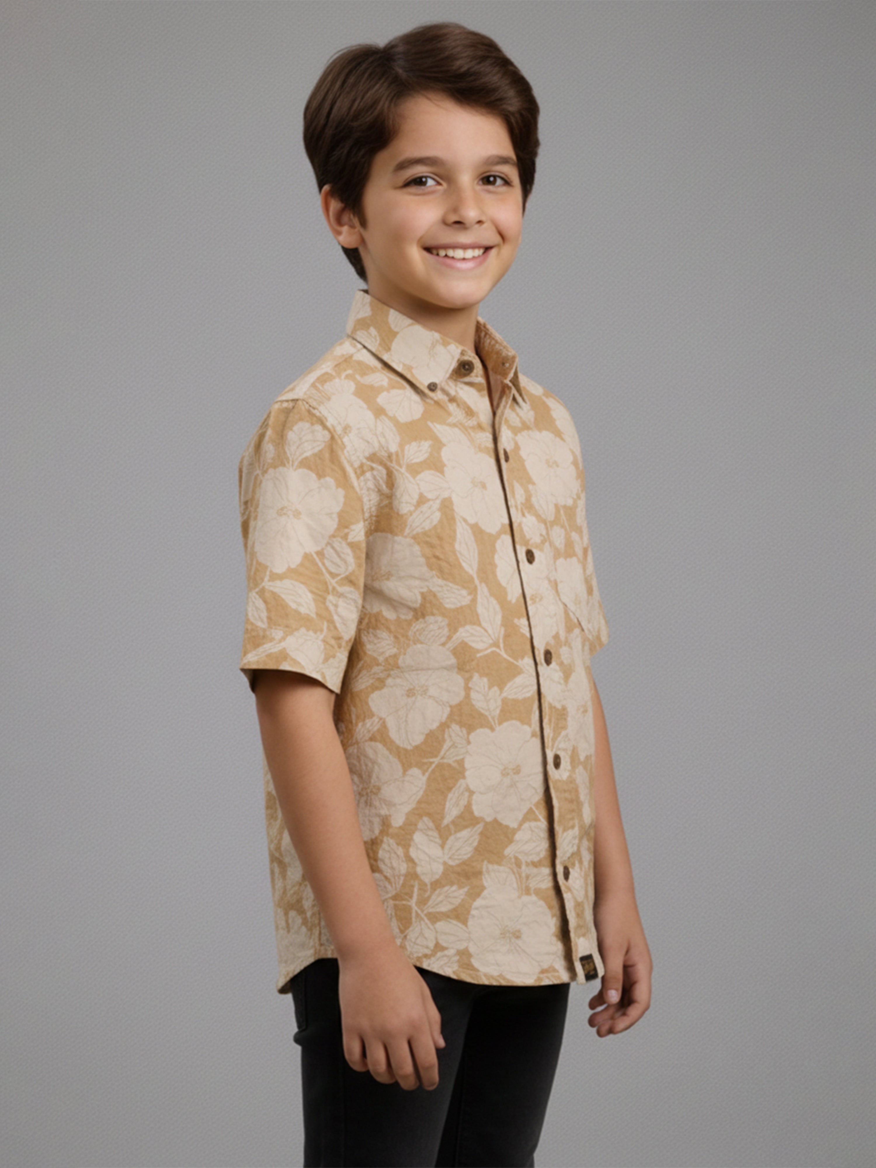 Boys Casual Cotton Floral AOP Print Half Sleeve Regular Fit Shirt Yellow-(BRS-6677-017-0308-1YL)