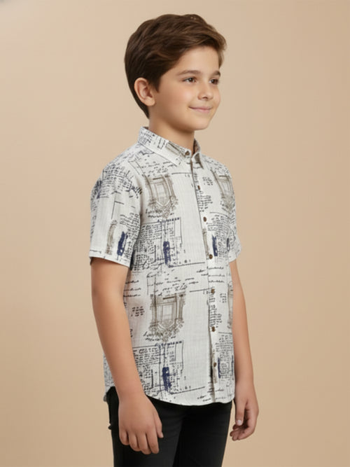 Boys Cotton Abstract Printed Casual Wear Regular Fit Half Sleeve White-(BRS-6677-011-2WH)