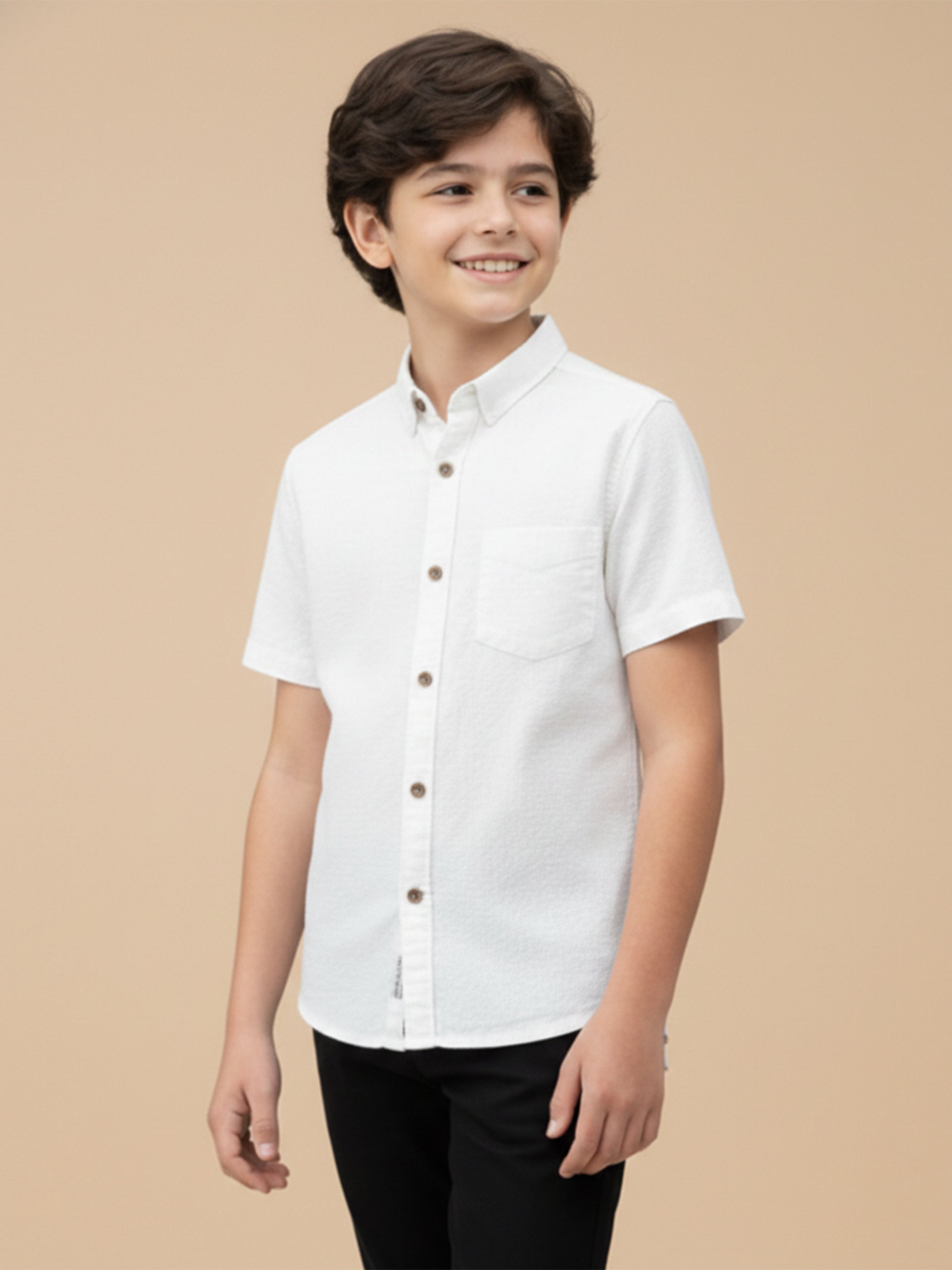 Boys Honeycomb Textured Cotton Casual Shirt White-BSC-(7342-014-0308-2WH)