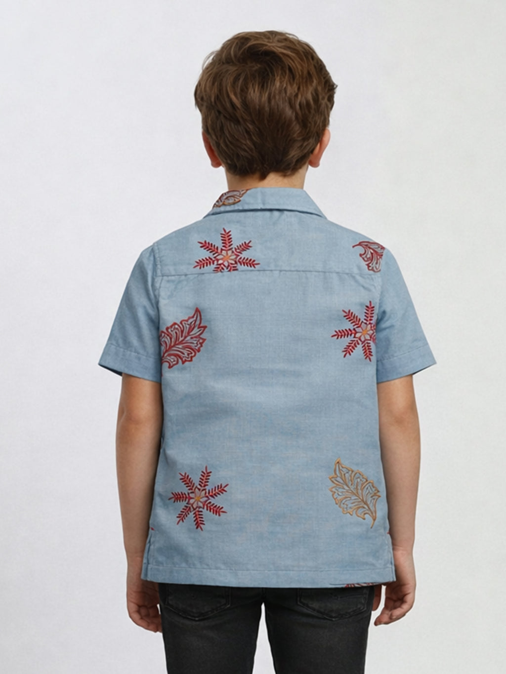 BOYS COTTON EMBROIDERED CUBAN COLLAR SHIRT BLUE-(BCUS-7216-013-0308-3BL)