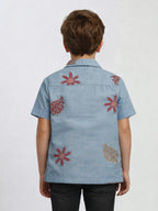 BOYS COTTON EMBROIDERED CUBAN COLLAR SHIRT BLUE-(BCUS-7216-013-0308-3BL)