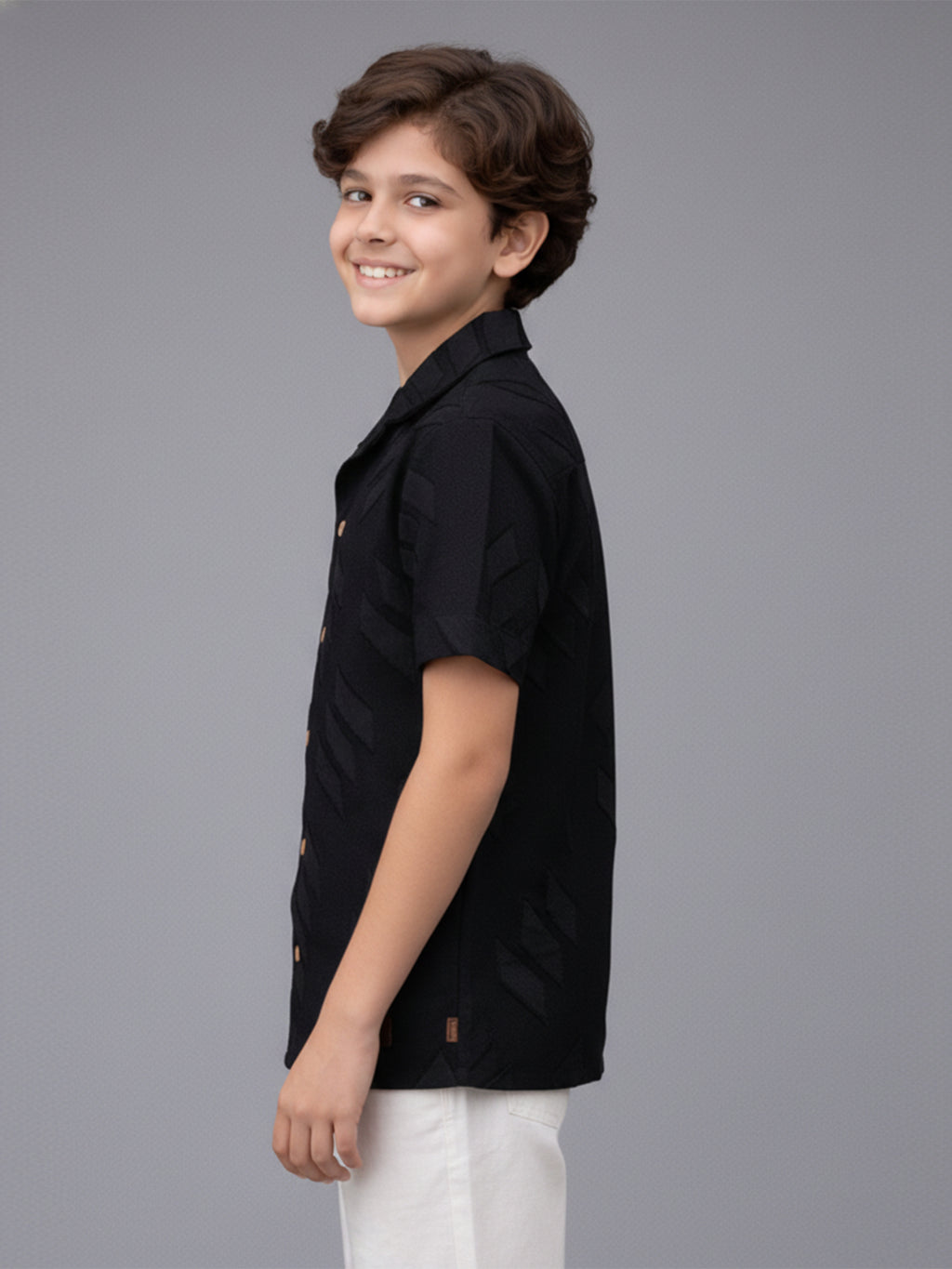 BOYS SATIN SELF PATTERN CUBAN COLLAR SHIRT BLACK-(BCUS-7216-012-0308-1BL)
