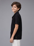 BOYS SATIN SELF PATTERN CUBAN COLLAR SHIRT BLACK-(BCUS-7216-012-0308-1BL)