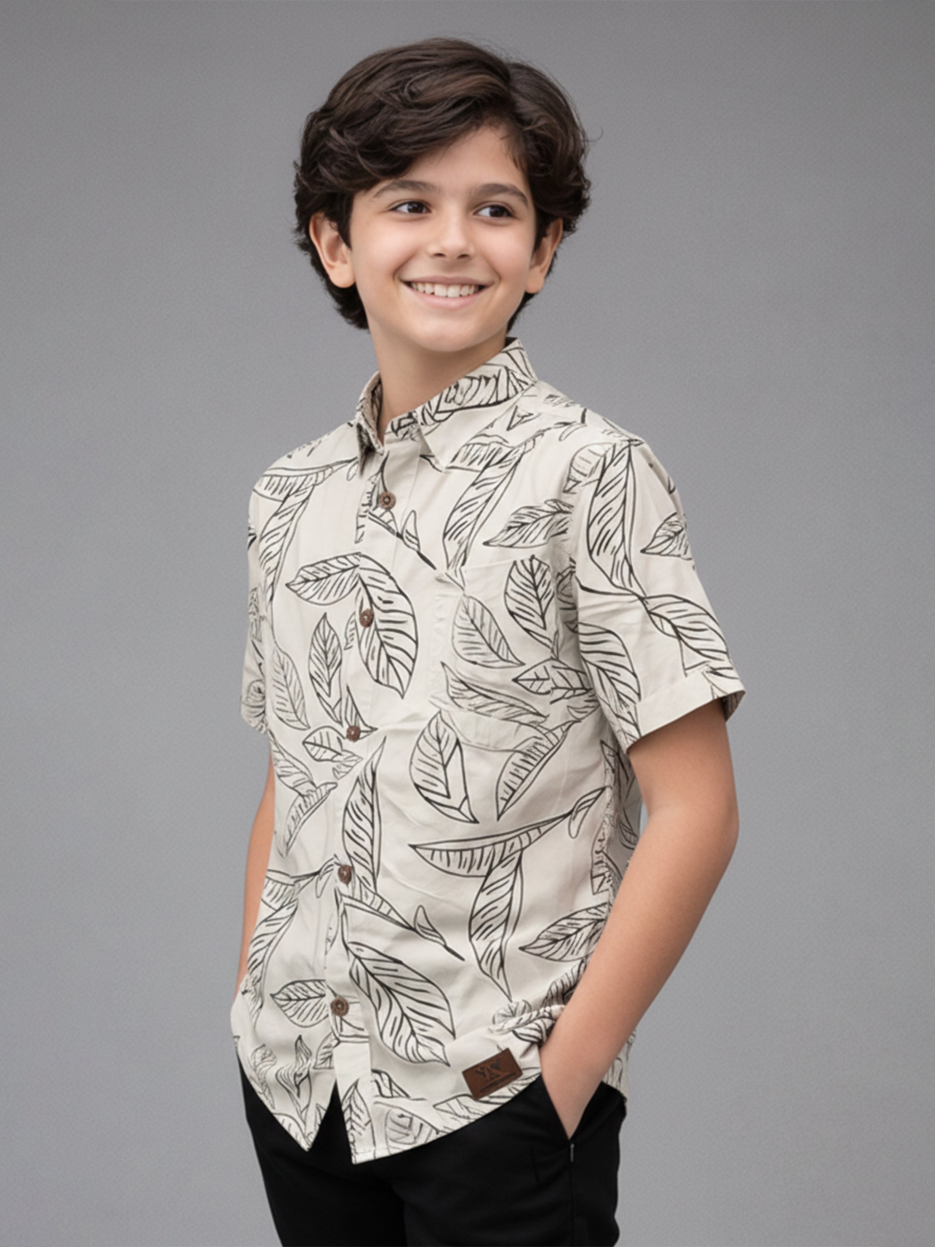BOYS Cotton Leaf Print Shirt White-(BRS-6677-015-0308-1WH)