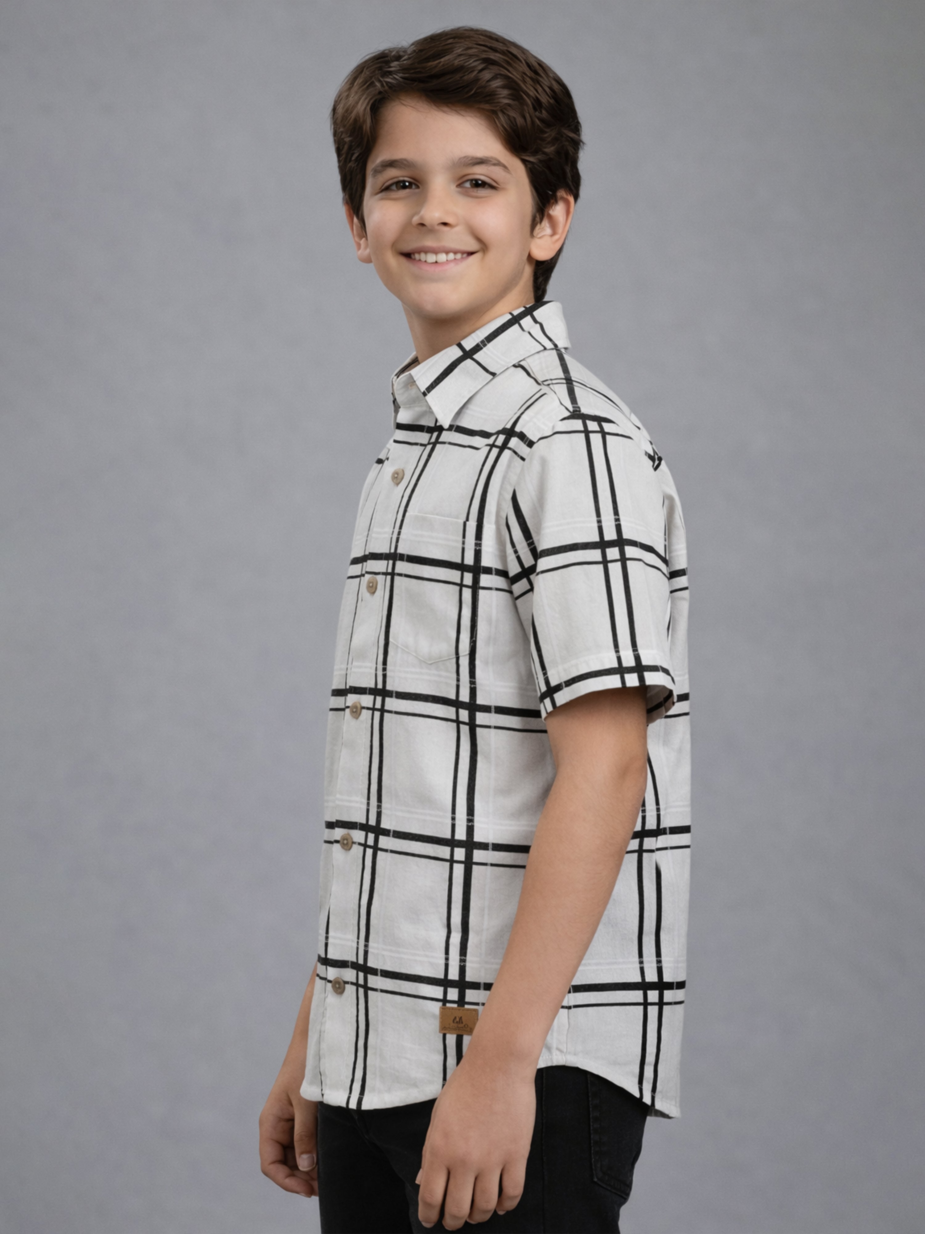 Boys Textured Checked Cotton Casual Shirt White, Comfortable Everyday Wear Shirt-BSC-7342-012-1WH