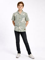 BOYS ALPHABET STRIPED CUBAN COLLAR SHIRT GREEN-(BCUS-7216-011-0308-2GR)