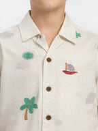 BOYS COTTON TOP EMBROIDERED CUBAN COLLAR SHIRT WHITE-(BCUS-7216-013-0308-6WH)