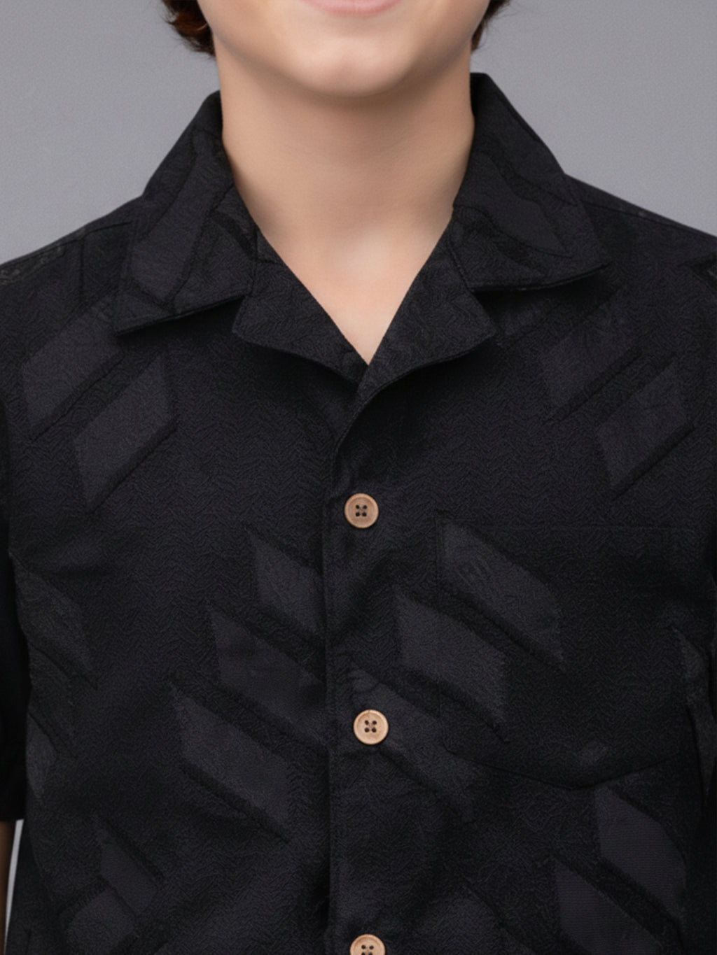 BOYS SATIN SELF PATTERN CUBAN COLLAR SHIRT BLACK-(BCUS-7216-012-0308-1BL)