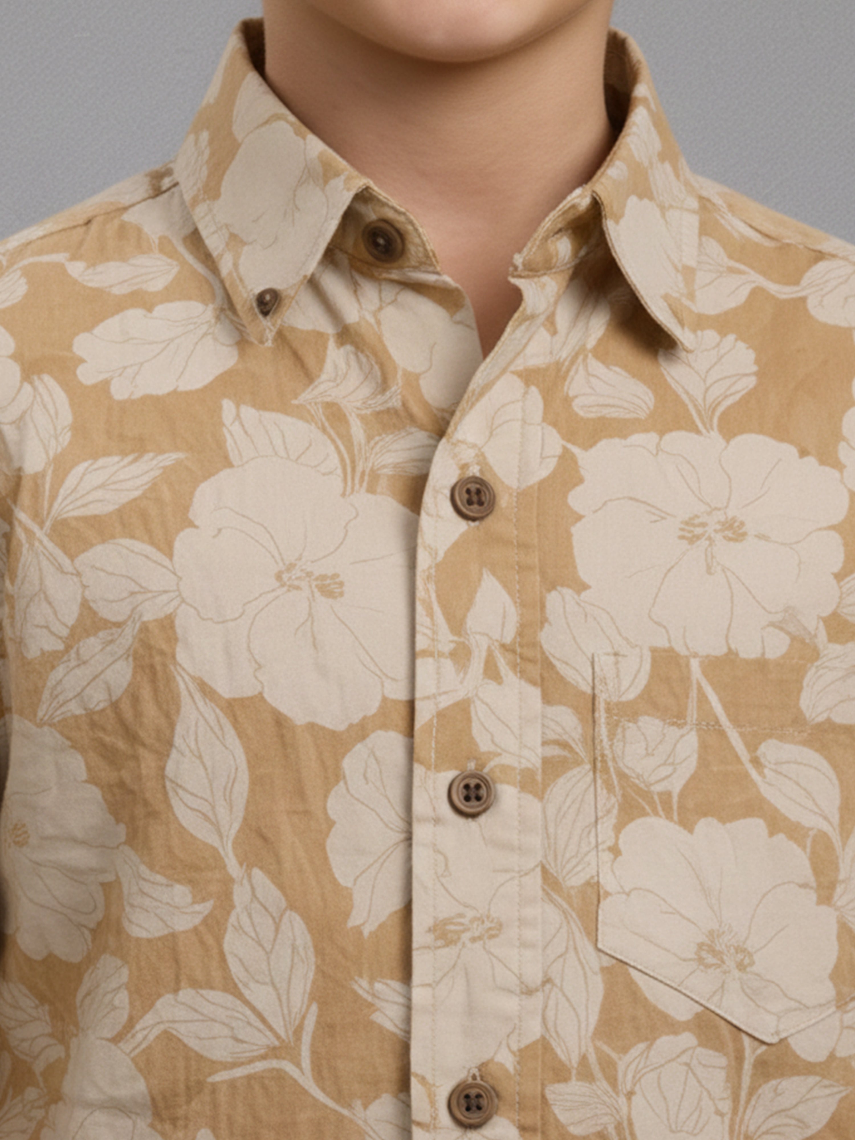 Boys Casual Cotton Floral AOP Print Half Sleeve Regular Fit Shirt Yellow-(BRS-6677-017-0308-1YL)