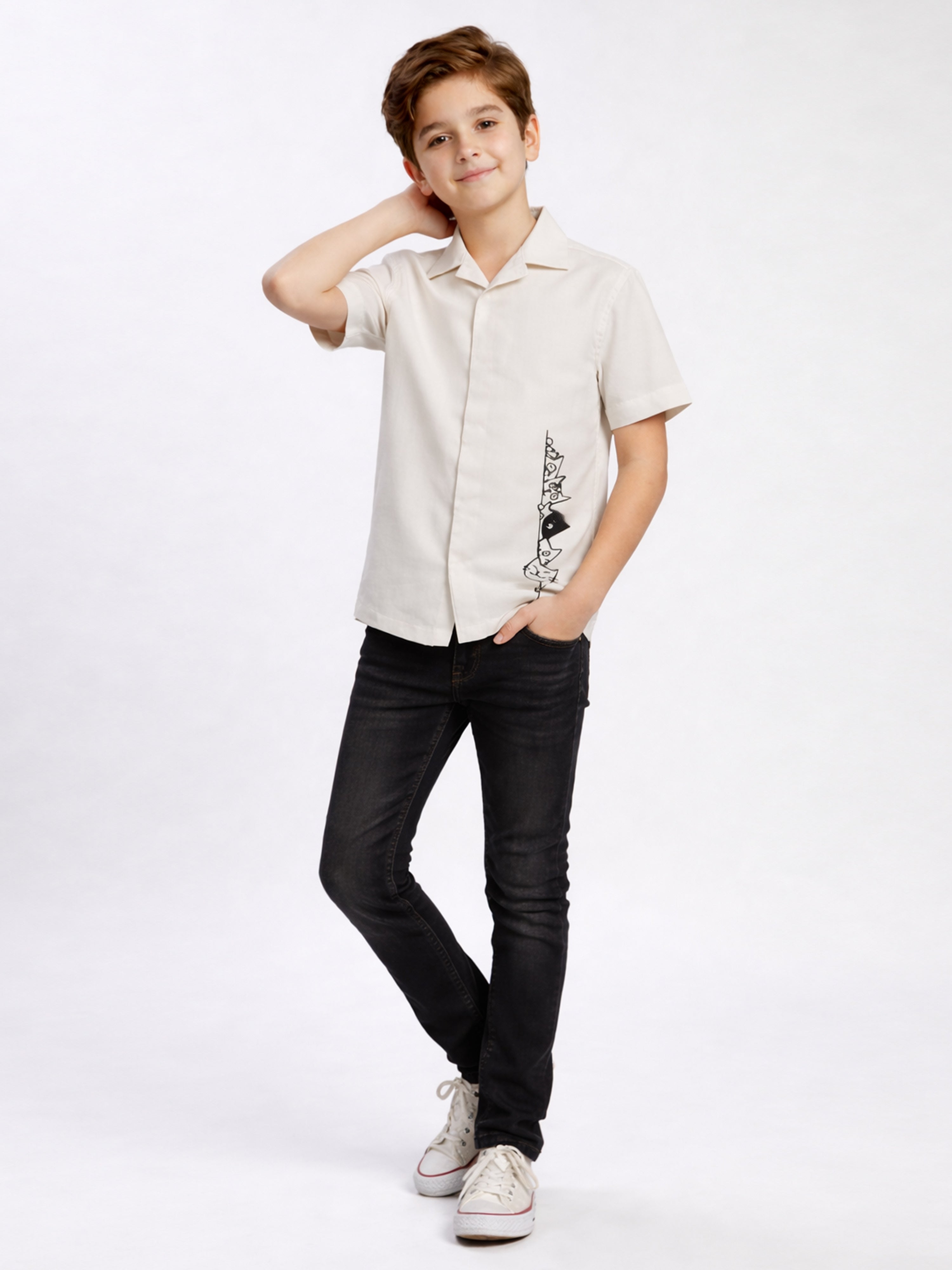 BOYS PREMIUM POLY COTTON EMBROIDERED CUBAN COLLAR SHIRT WHITE-(BCUS-7216-014-0308-1WH)
