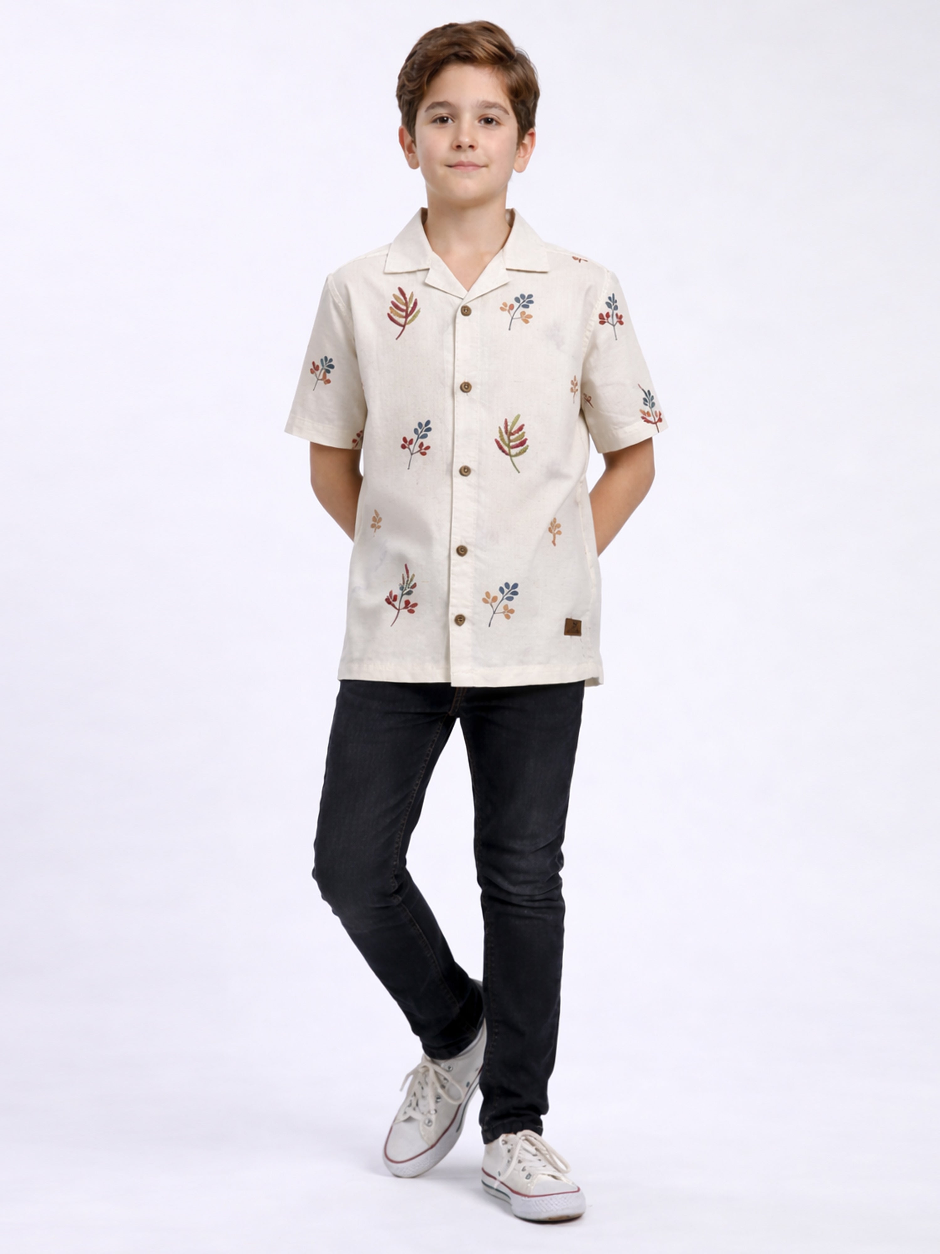BOYS COTTON EMBROIDERED CUBAN COLLAR SHIRT FLORAL-(BCUS-7216-013-0308-2FL)