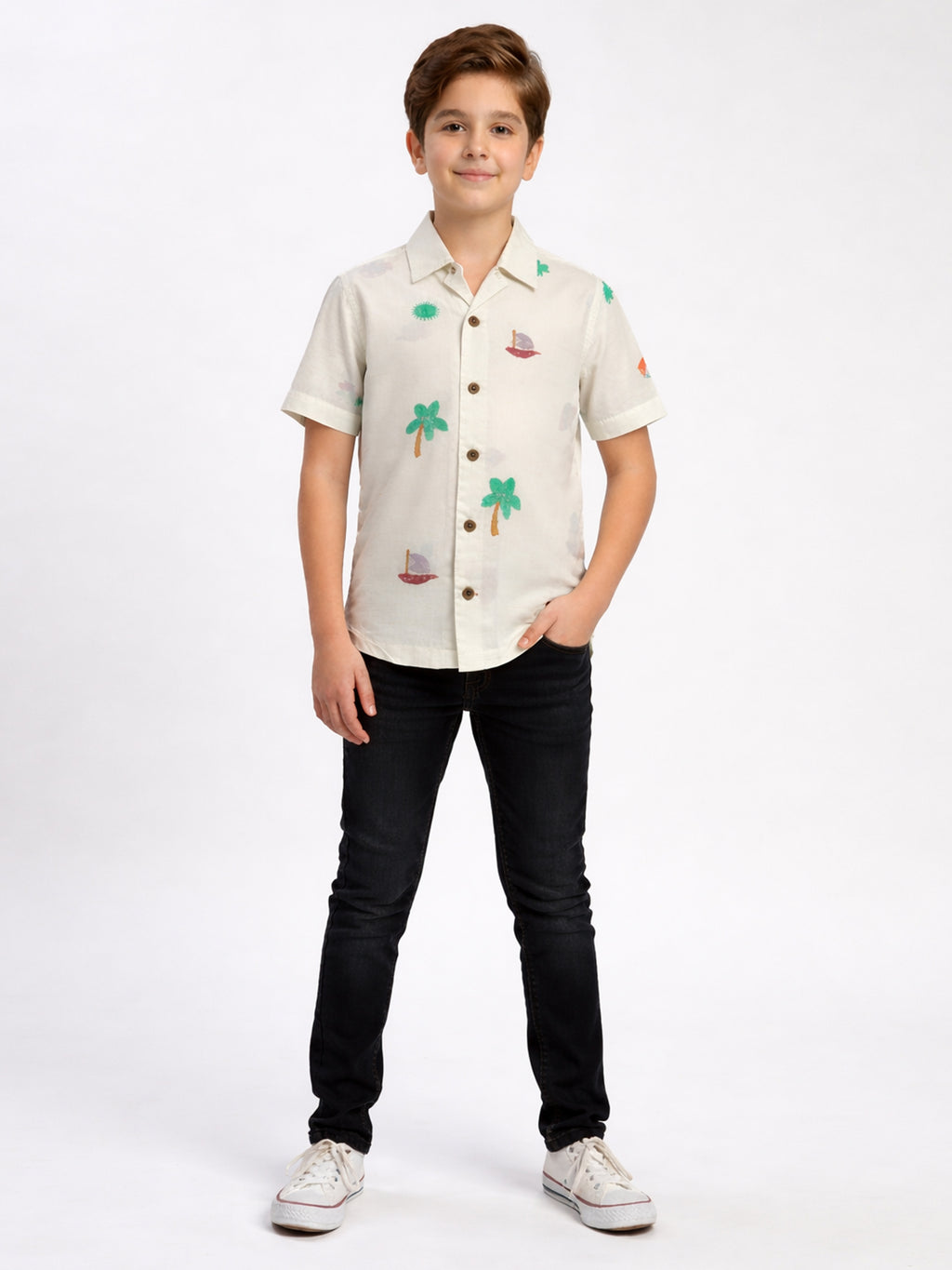 BOYS COTTON TOP EMBROIDERED CUBAN COLLAR SHIRT WHITE-(BCUS-7216-013-0308-6WH)