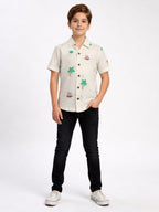 BOYS COTTON TOP EMBROIDERED CUBAN COLLAR SHIRT WHITE-(BCUS-7216-013-0308-6WH)