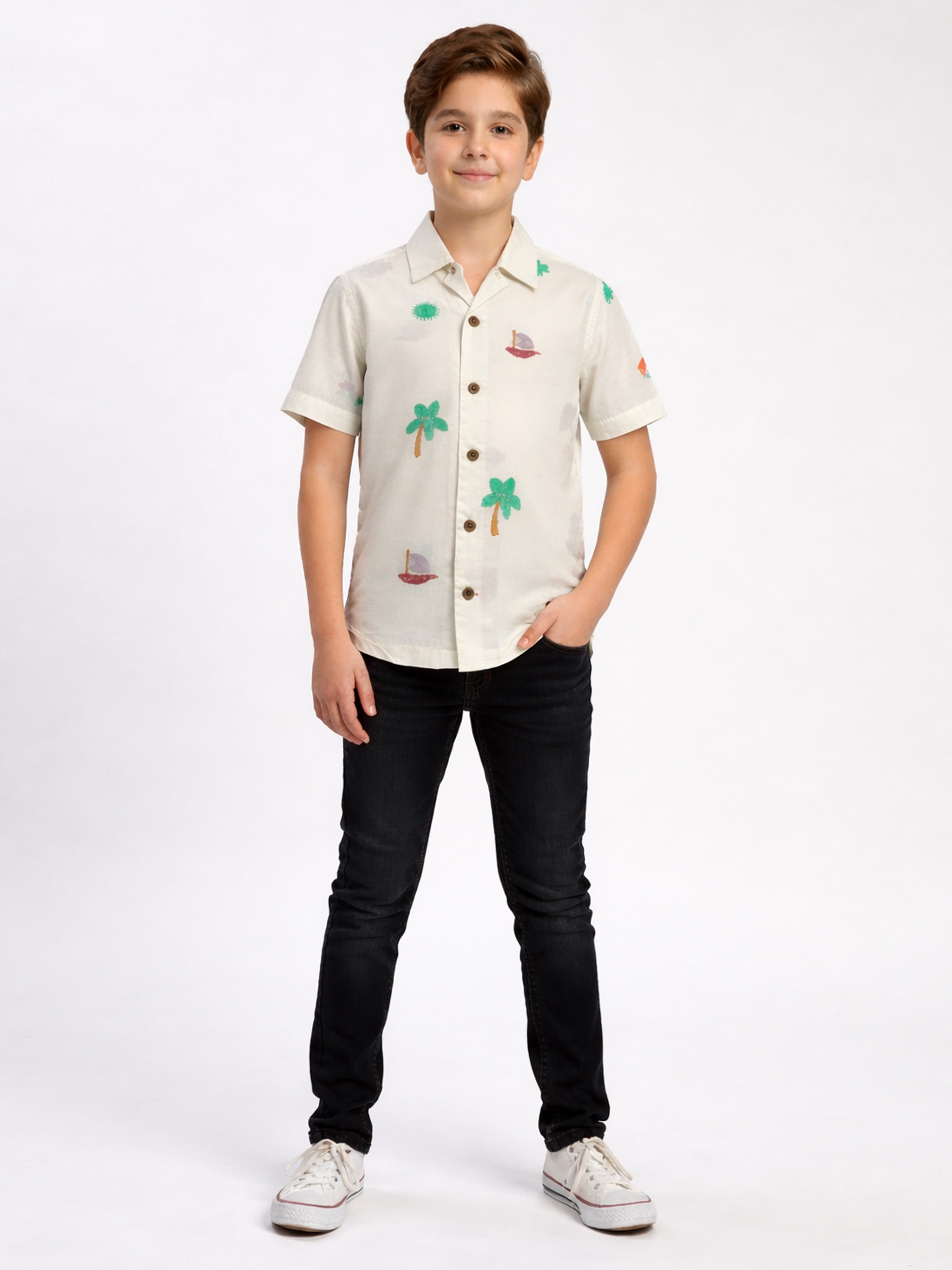 BOYS COTTON TOP EMBROIDERED CUBAN COLLAR SHIRT WHITE-(BCUS-7216-013-0308-6WH)