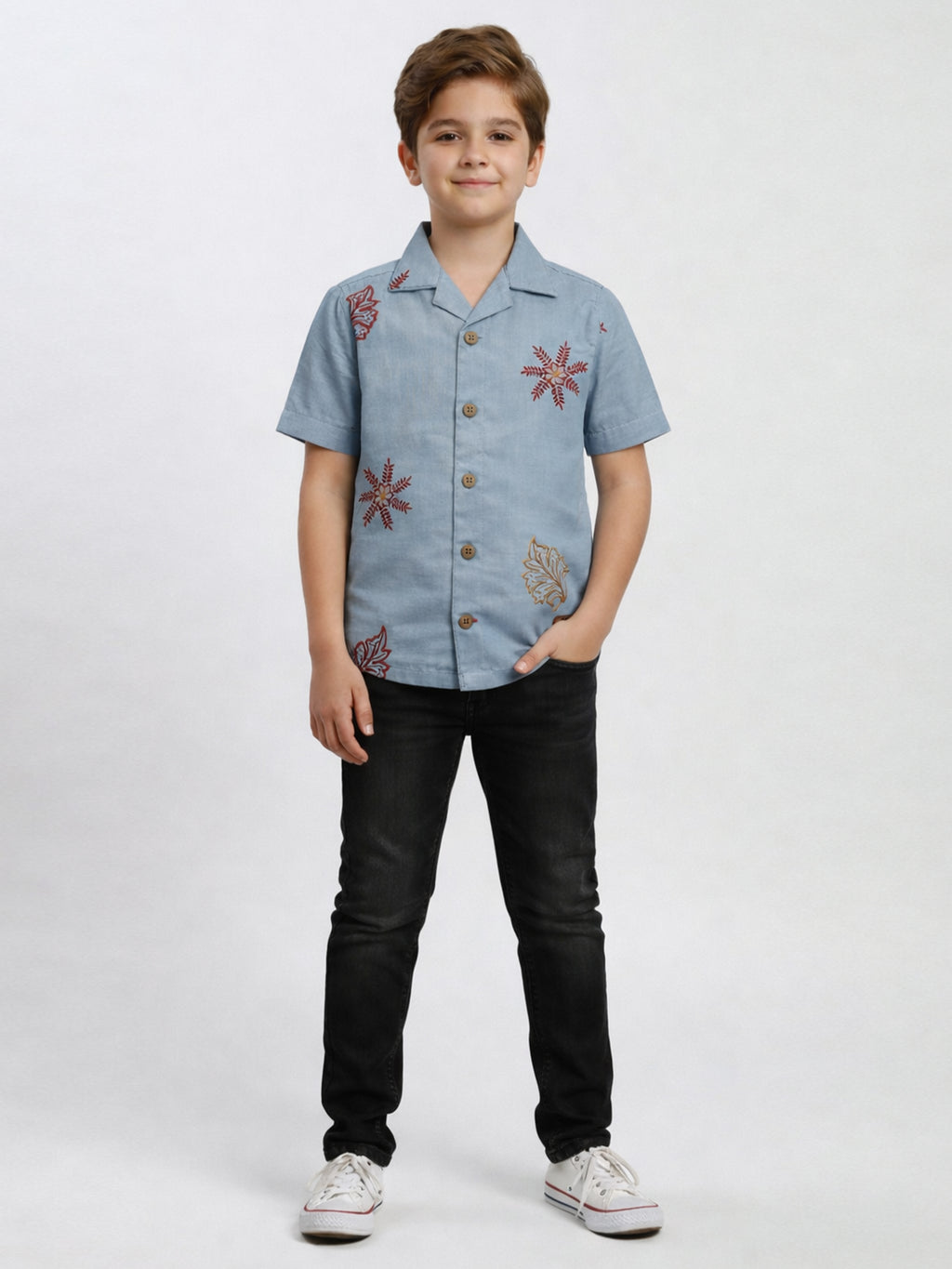 BOYS COTTON EMBROIDERED CUBAN COLLAR SHIRT BLUE-(BCUS-7216-013-0308-3BL)