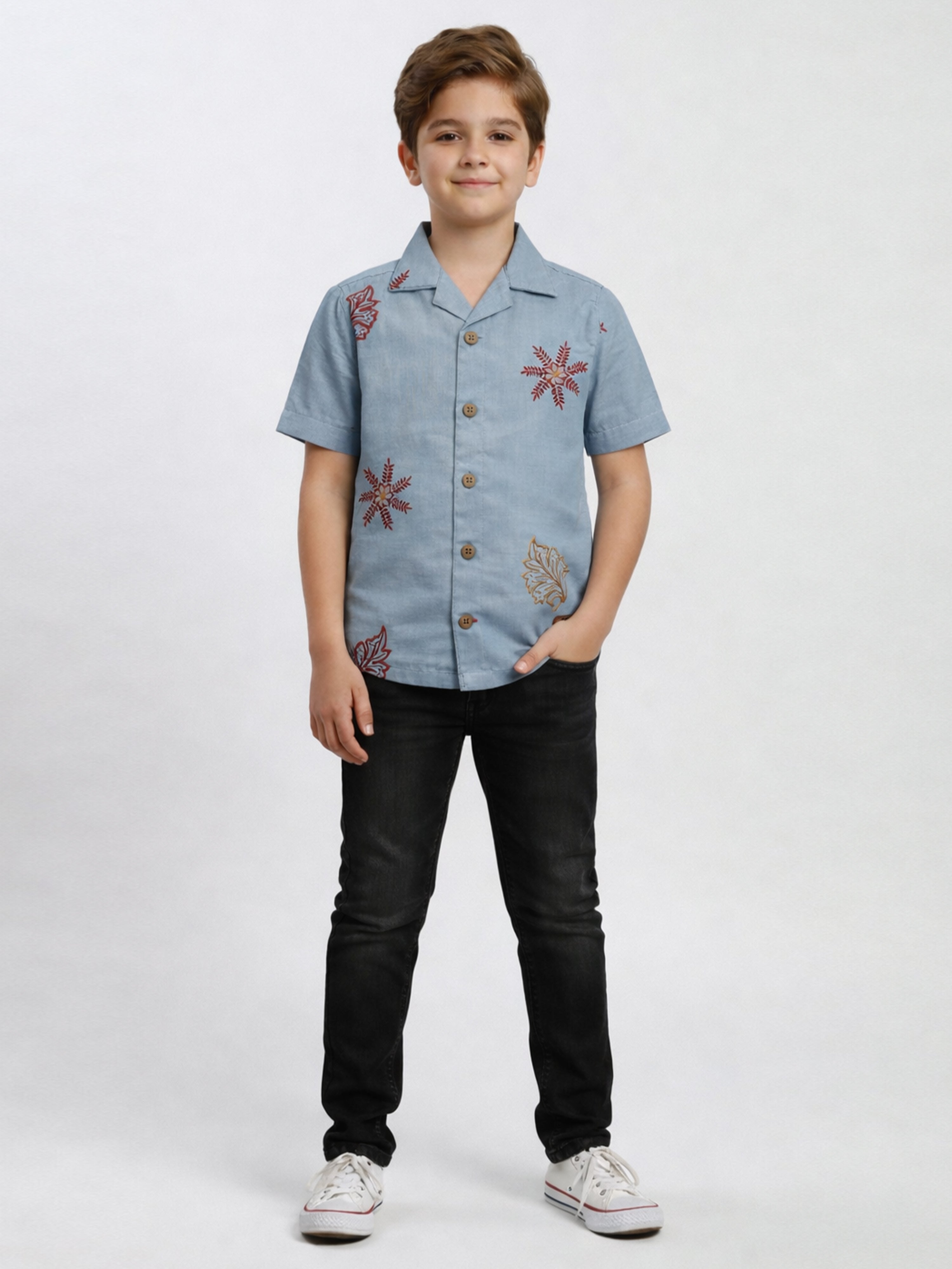 BOYS COTTON EMBROIDERED CUBAN COLLAR SHIRT BLUE-(BCUS-7216-013-0308-3BL)