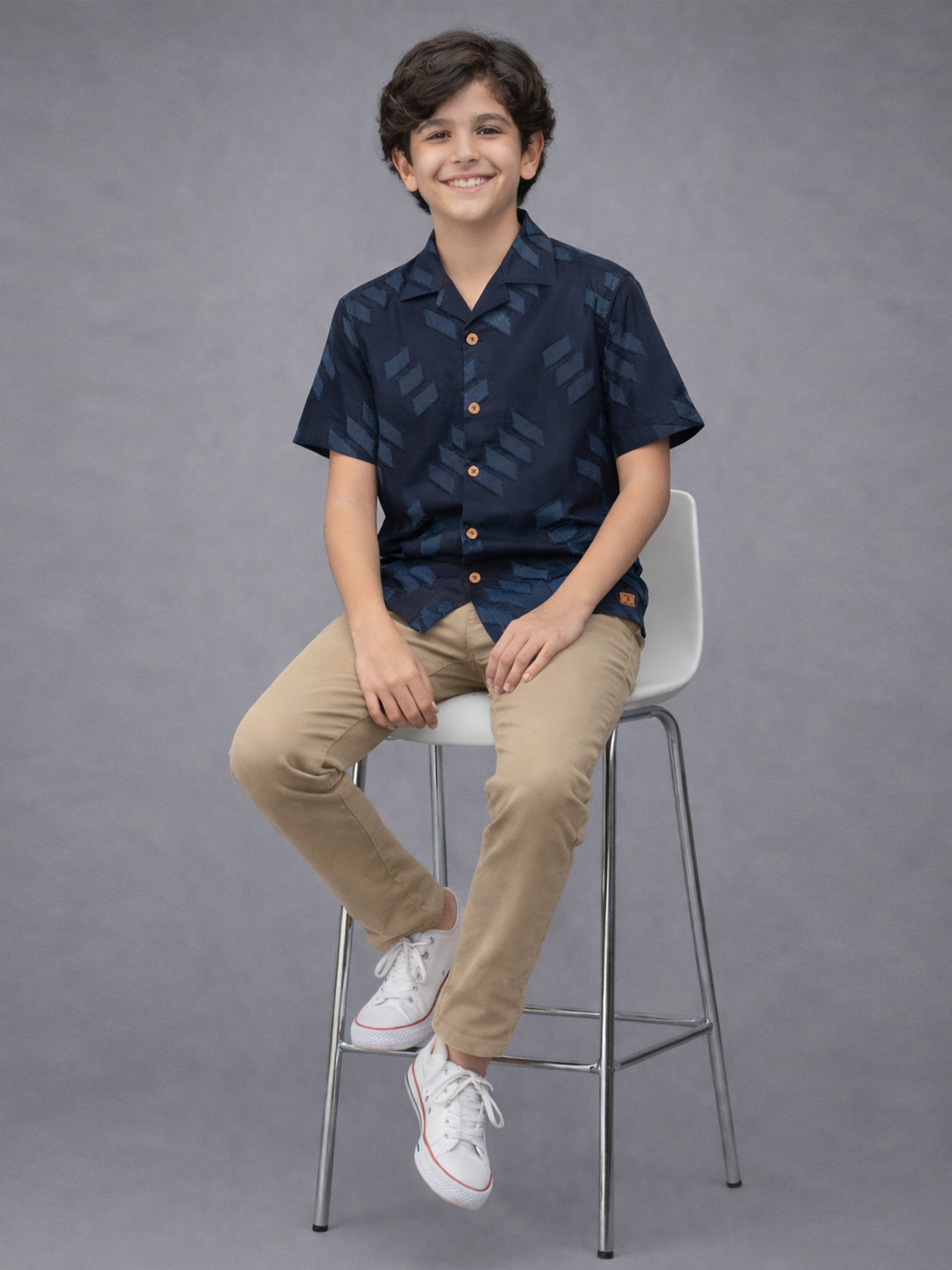 BOYS SATIN SELF PATTERN CUBAN COLLAR SHIRT BLUE-(BCUS-7216-012-0308-2BU)