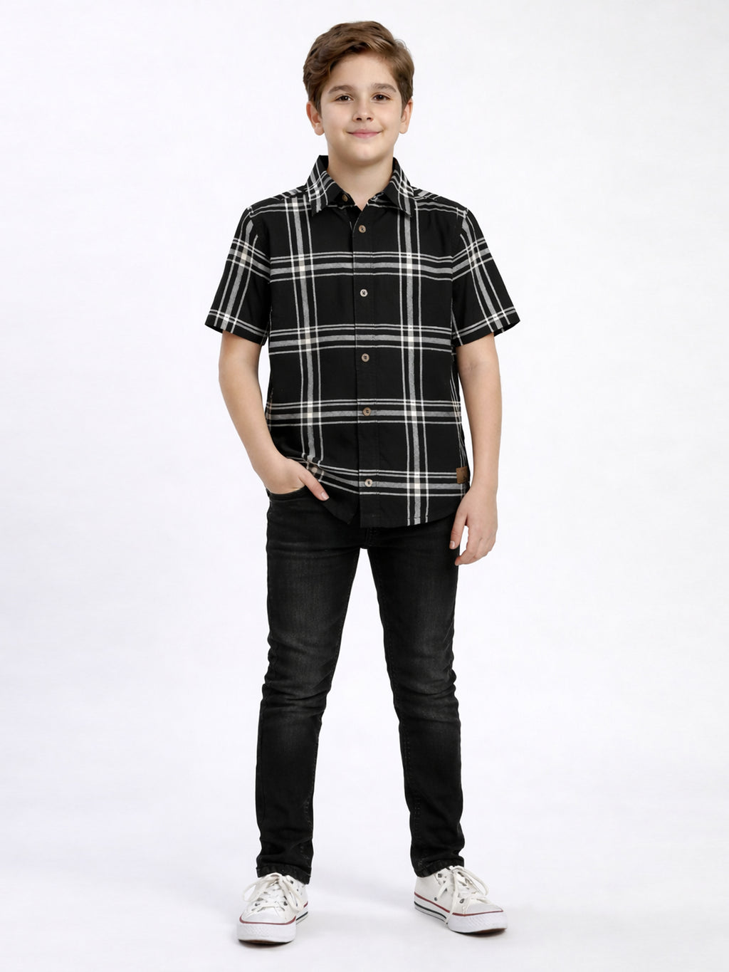 Boys Textured Checked Cotton Casual Shirt Black, Comfortable Everyday Wear Shirt-(BSC-7342-012-0308-2BL)