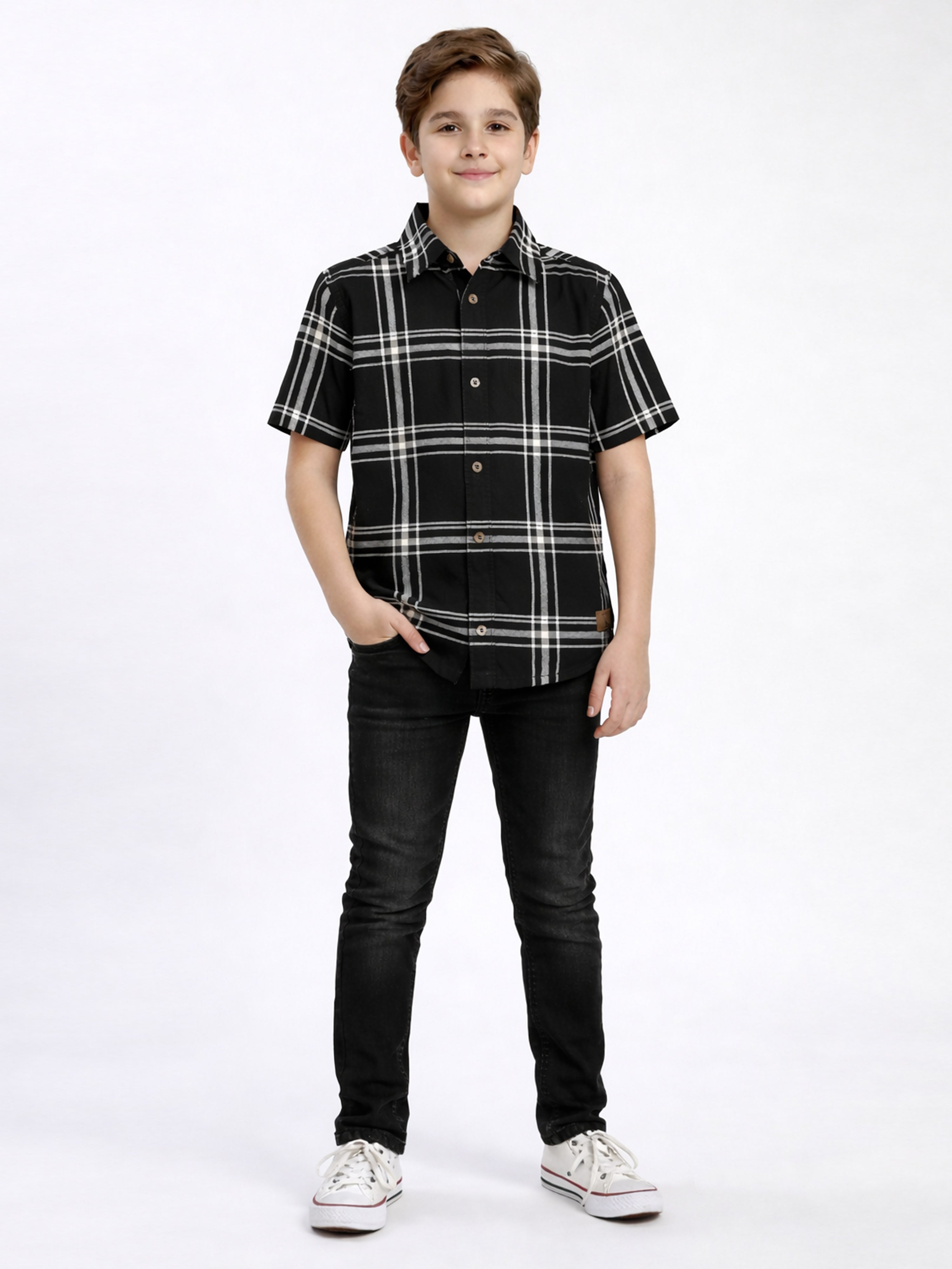 Boys Textured Checked Cotton Casual Shirt Black, Comfortable Everyday Wear Shirt-(BSC-7342-012-0308-2BL)