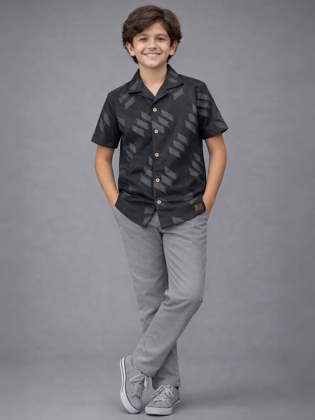 BOYS SATIN SELF PATTERN CUBAN COLLAR SHIRT GREY-(BCUS-7216-012-0308-3GR)