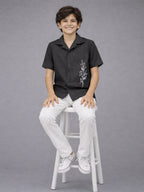 BOYS PREMIUM POLY COTTON EMBROIDERED CUBAN COLLAR SHIRT BLACK-(BCUS-7216-014-0308-2BL)
