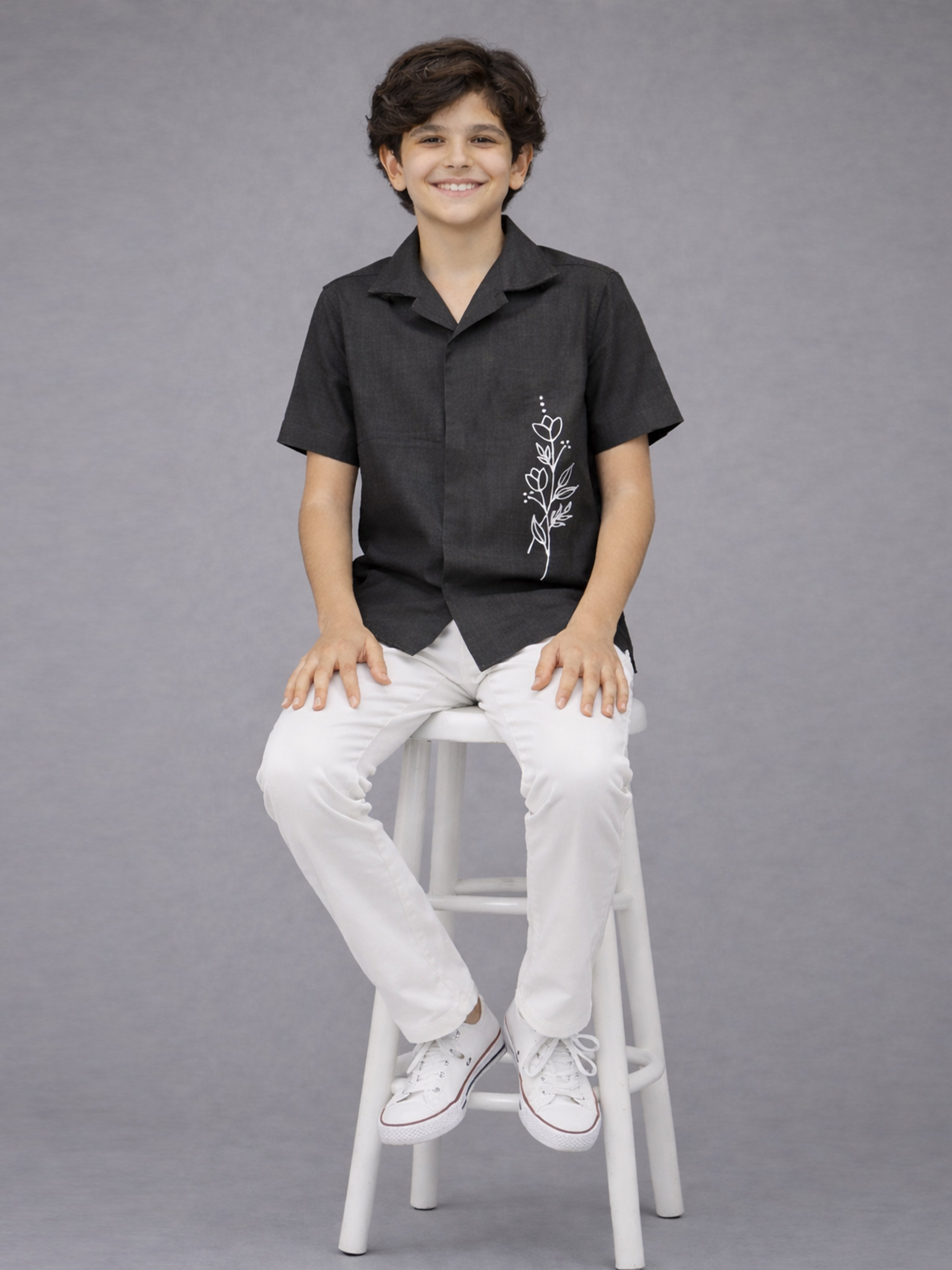 BOYS PREMIUM POLY COTTON EMBROIDERED CUBAN COLLAR SHIRT BLACK-(BCUS-7216-014-0308-2BL)