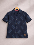BOYS SATIN SELF PATTERN CUBAN COLLAR SHIRT BLUE-(BCUS-7216-012-0308-2BU)