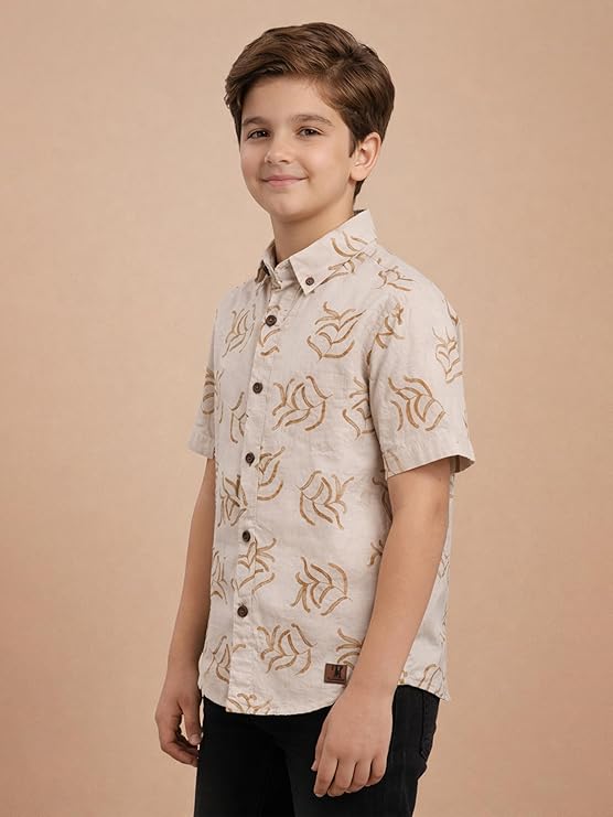 BOYS SLUB FLORAL LEAF PRINT SHIRT Olive Green-(BRS-6677-016-0308-1G)