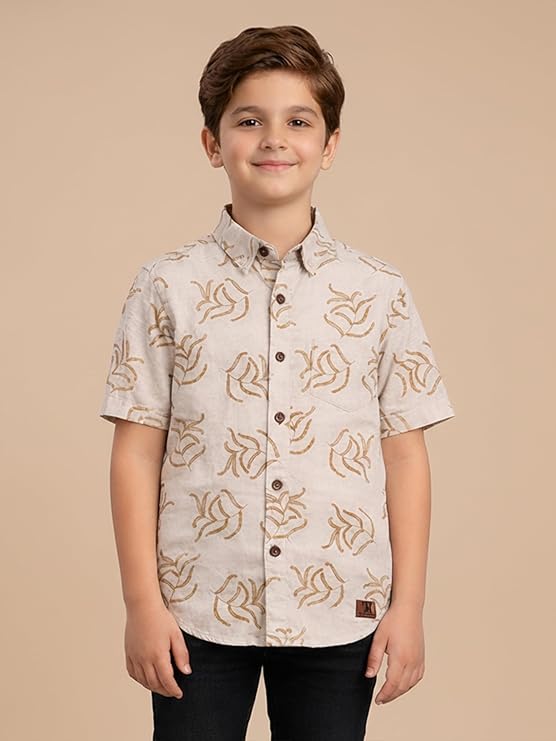 BOYS SLUB FLORAL LEAF PRINT SHIRT Olive Green-(BRS-6677-016-0308-1G)