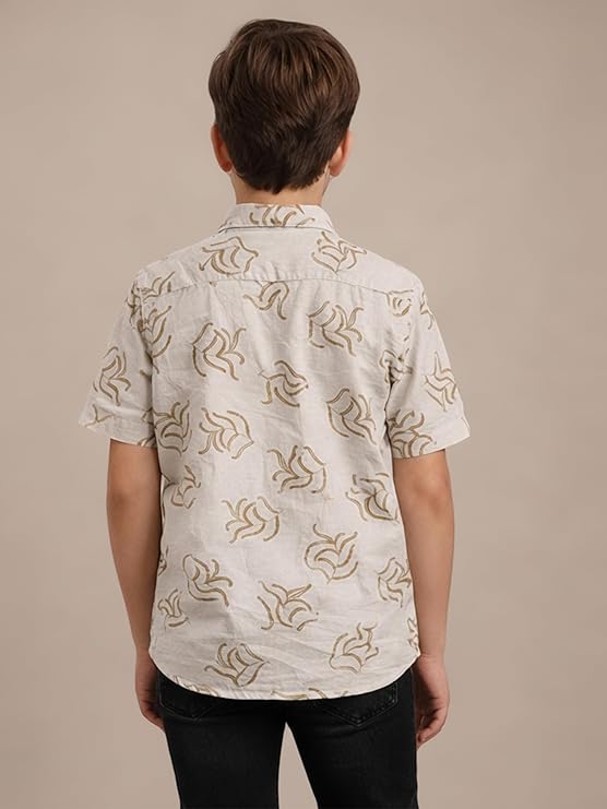 BOYS SLUB FLORAL LEAF PRINT SHIRT Olive Green-(BRS-6677-016-0308-1G)