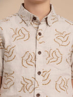 BOYS SLUB FLORAL LEAF PRINT SHIRT Olive Green-(BRS-6677-016-0308-1G)