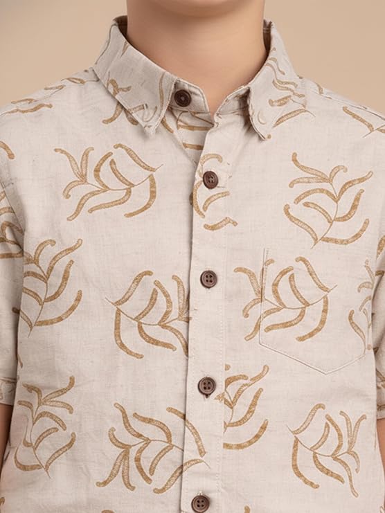 BOYS SLUB FLORAL LEAF PRINT SHIRT Olive Green-(BRS-6677-016-0308-1G)