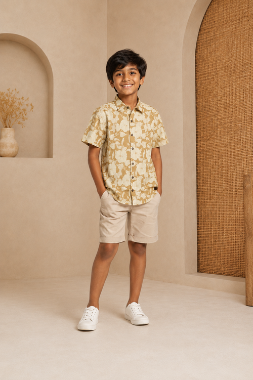 Boys Casual Cotton Floral AOP Print Half Sleeve Regular Fit Shirt Yellow-(BRS-6677-017-0308-1YL)