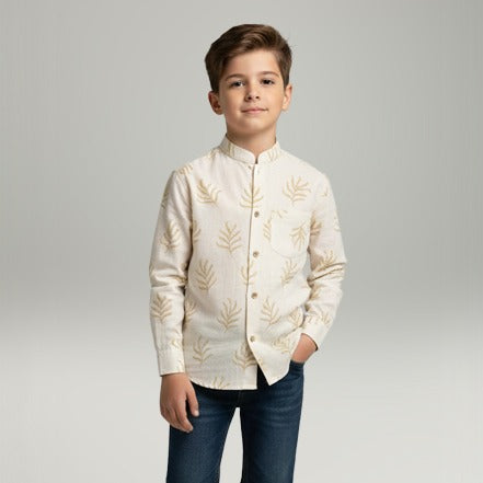 Boys’ Classic Beige Cuban Collar Shirt